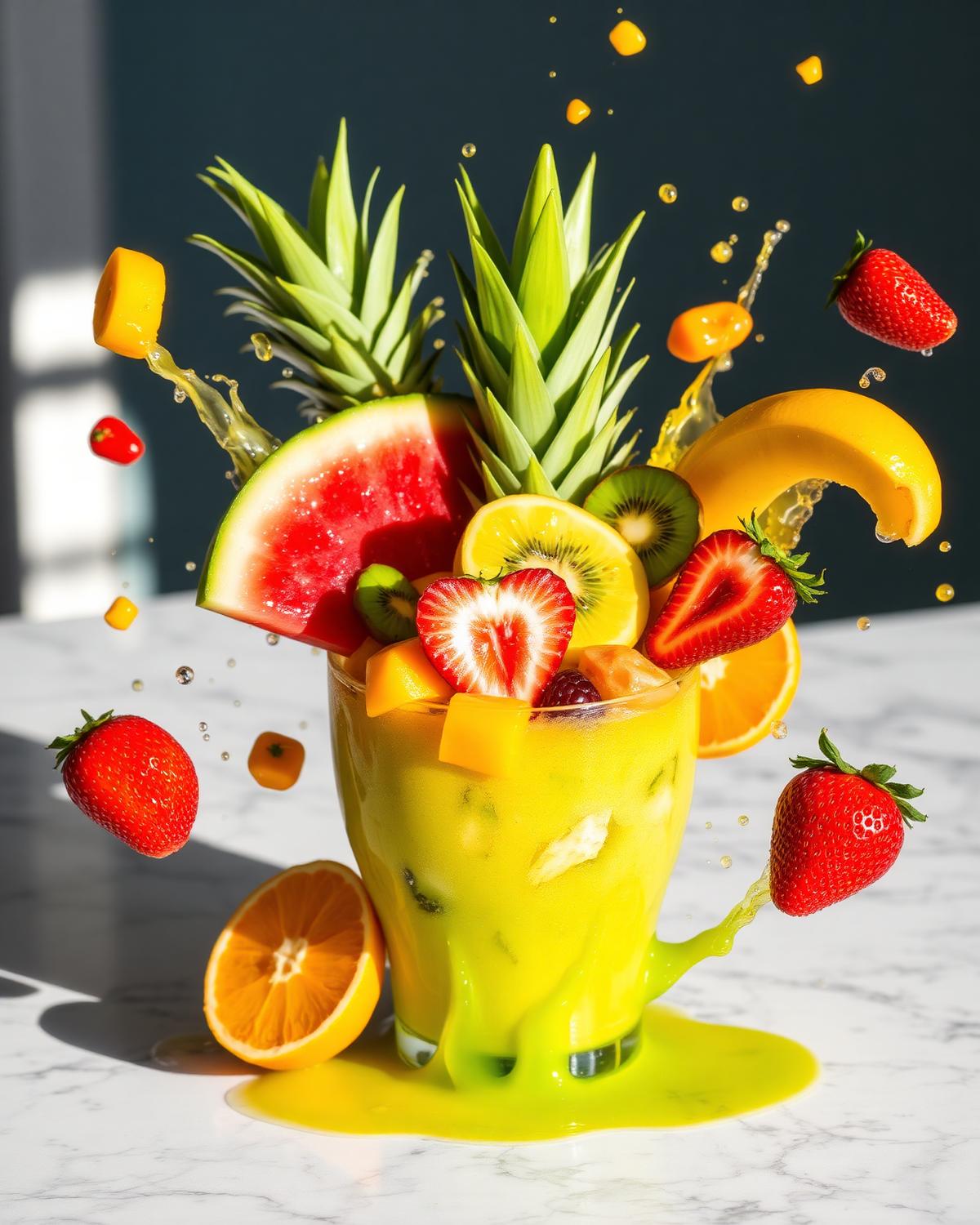 Tropical fruit explosion around a fresh juice cup — mango, pineapple, watermelon, kiwi and strawberries — fresh juice bar Fall River